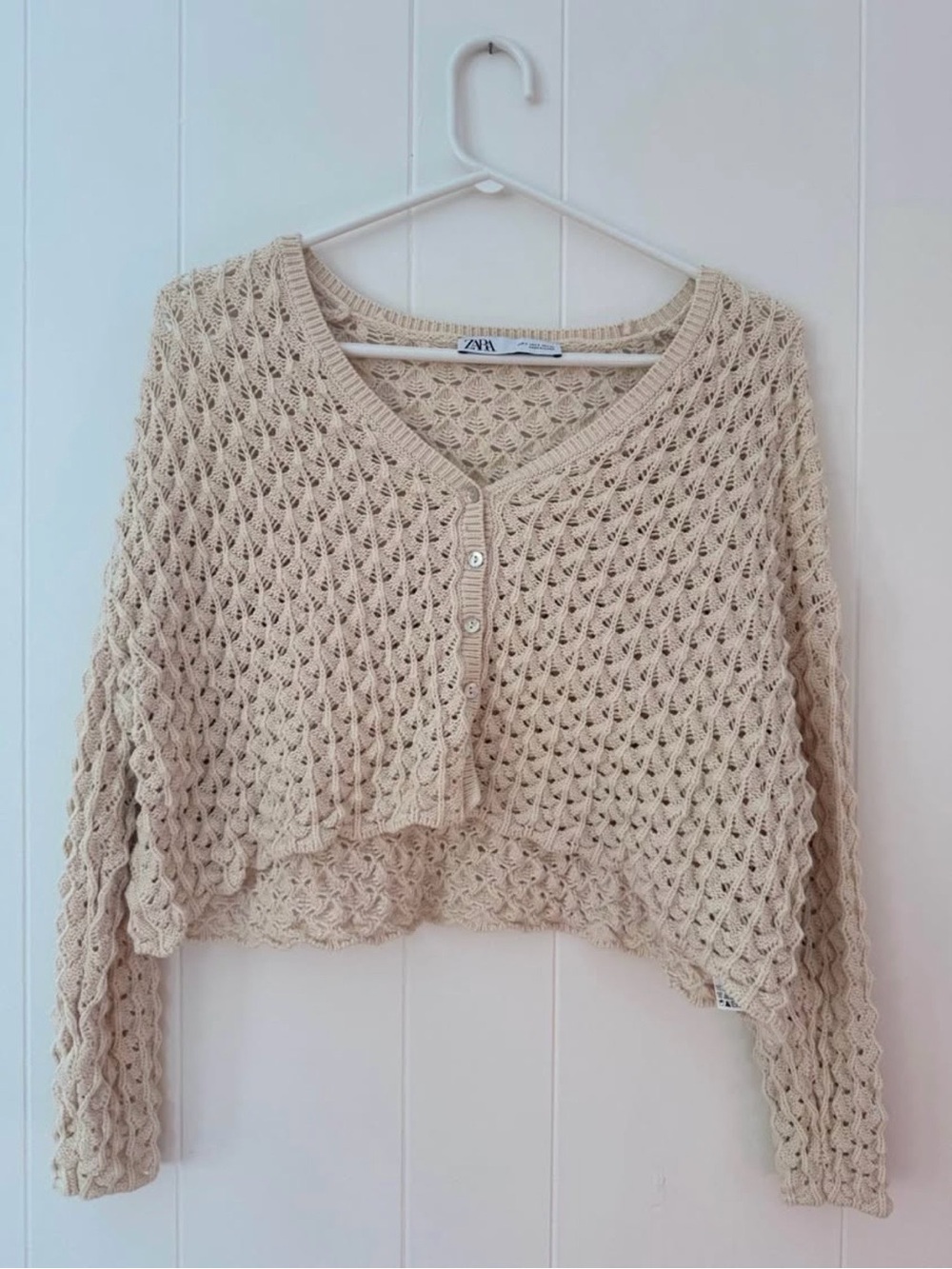 Zara Cropped Open-Weave Cream Button Cardigan